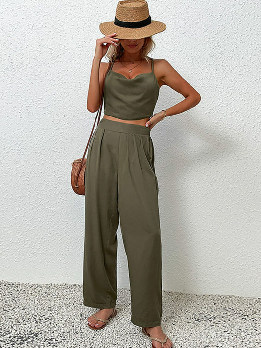 Crisscross Back Cropped Top and Pants Set-Online Only