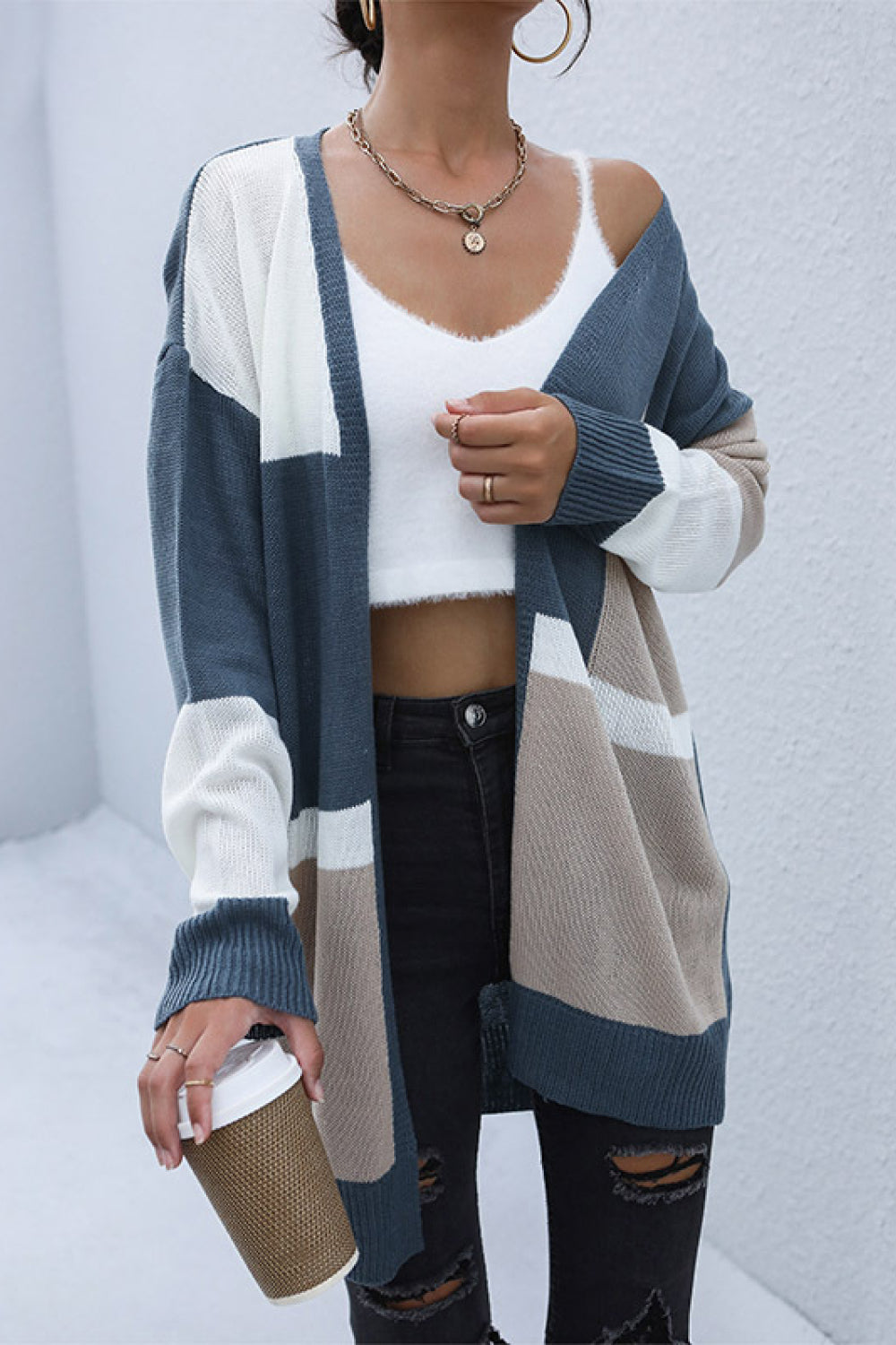 Color Block Dropped Shoulder Cardigan - Online Only