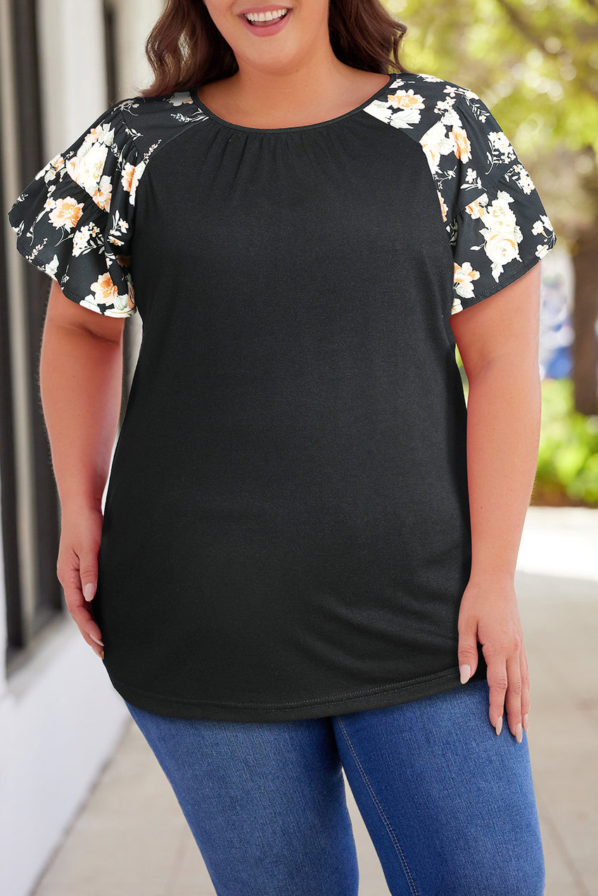 Plus Size Floral Spliced Tee Shirt-Online Only