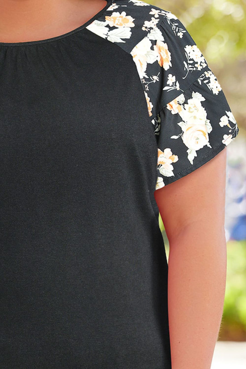 Plus Size Floral Spliced Tee Shirt-Online Only