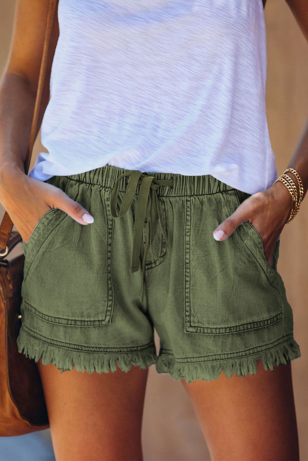 Pocketed Frayed Denim Shorts-Online Only