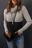 Two-Tone Waffle-Knit Drawstring Cowl Neck Sweatshirt-ONLINE ONLY