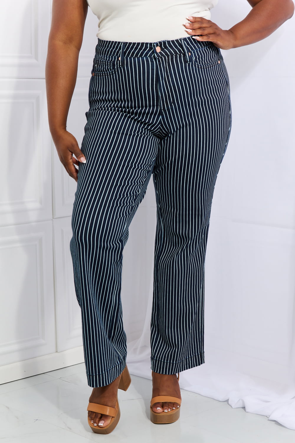 Judy Blue Cassidy Full Size High Waisted Tummy Control Striped Straight Jeans-Online Only