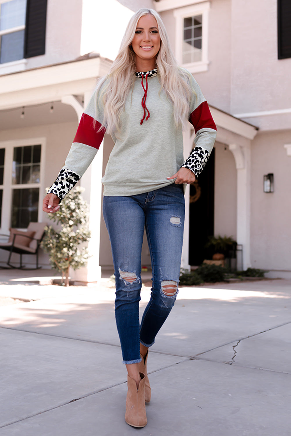 Leopard Color Block Drawstring Detail Sweatshirt-Online Only