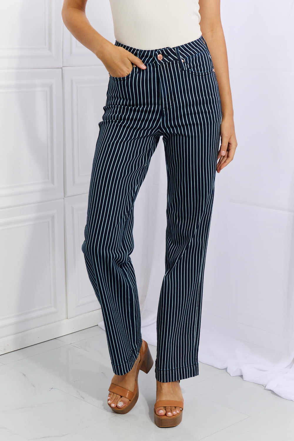 Judy Blue Cassidy Full Size High Waisted Tummy Control Striped Straight Jeans-Online Only