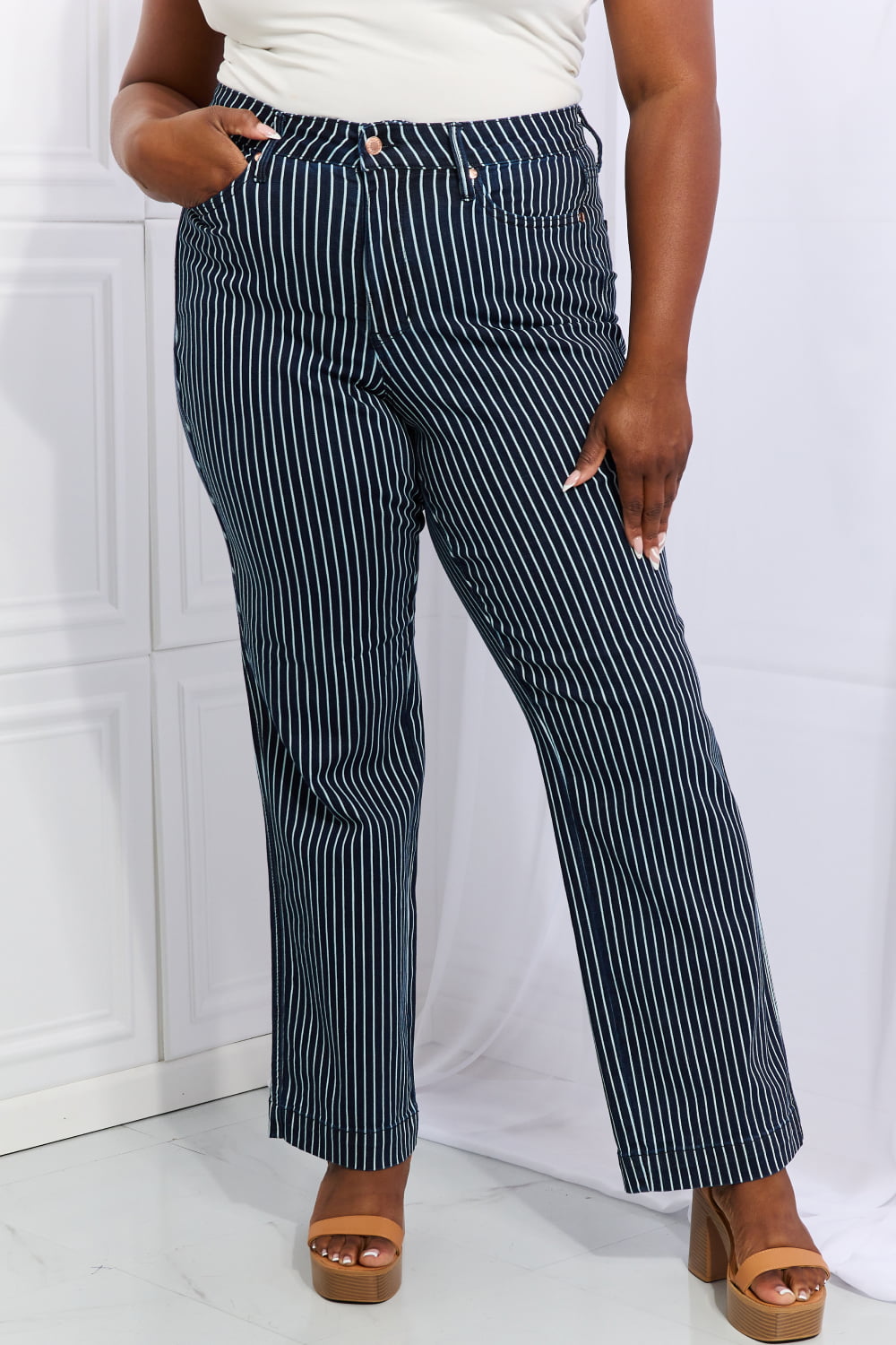 Judy Blue Cassidy Full Size High Waisted Tummy Control Striped Straight Jeans-Online Only