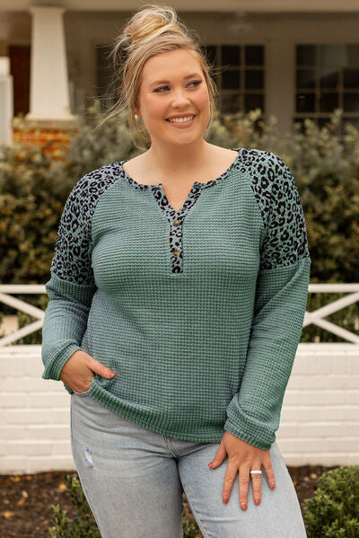 Plus Size Leopard Waffle-Knit Long Sleeve T-Shirt-Online Only