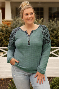 Plus Size Leopard Waffle-Knit Long Sleeve T-Shirt-ONLINE ONLY