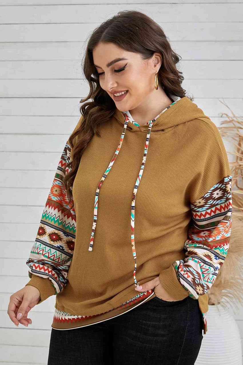 Plus Size Printed Side Slit Waffle-Knit Hoodie - Online Only