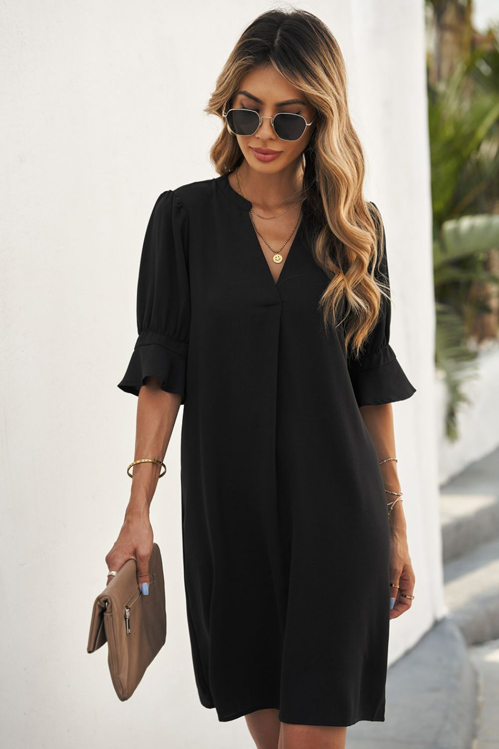 Puff Sleeve Notched Mini Shift Dress-Online Only