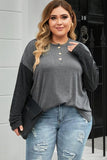 Plus Size Round Neck Long Sleeve Buttoned Blouse - Online Only
