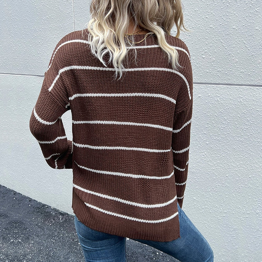 Striped V-Neck Slit Dropped Shoulder Sweater-ONLINE ONLY
