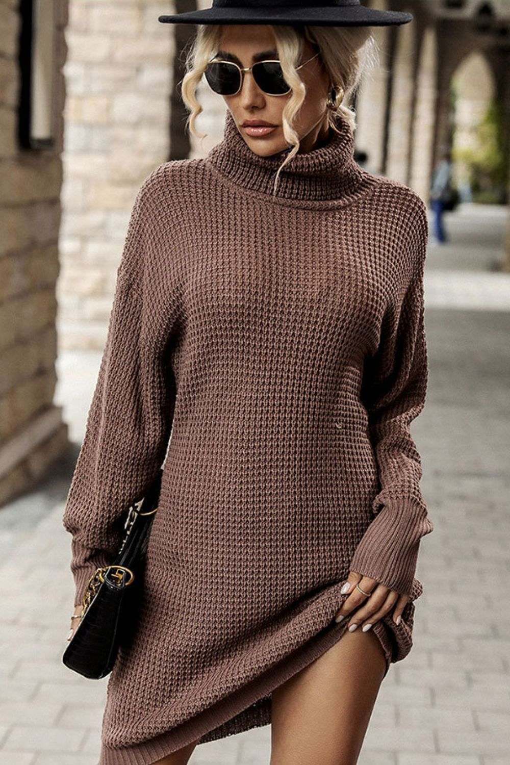 Turtleneck Dropped Shoulder Mini Sweater Dress-Online Only