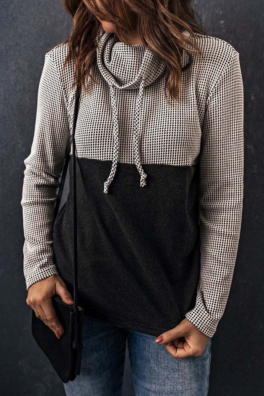 Two-Tone Waffle-Knit Drawstring Cowl Neck Sweatshirt-ONLINE ONLY