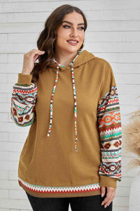 Plus Size Printed Side Slit Waffle-Knit Hoodie - Online Only