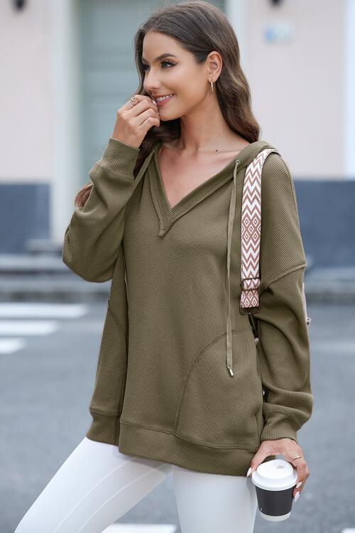 Exposed Seam V-Neck Drawstring Hoodie - Online Only
