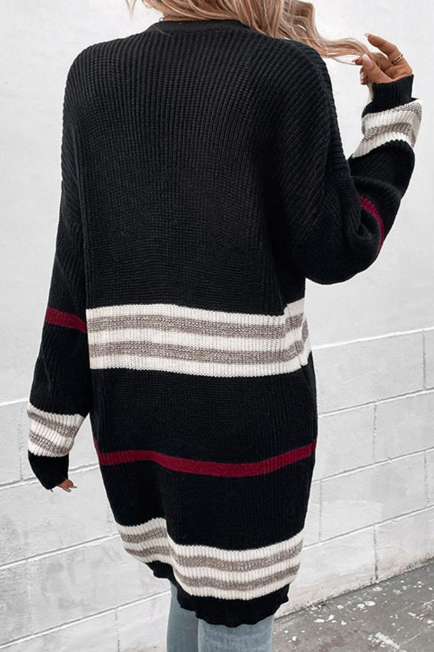 Striped Rib-Knit Drop Shoulder Open Front Cardigan-ONLINE ONLY