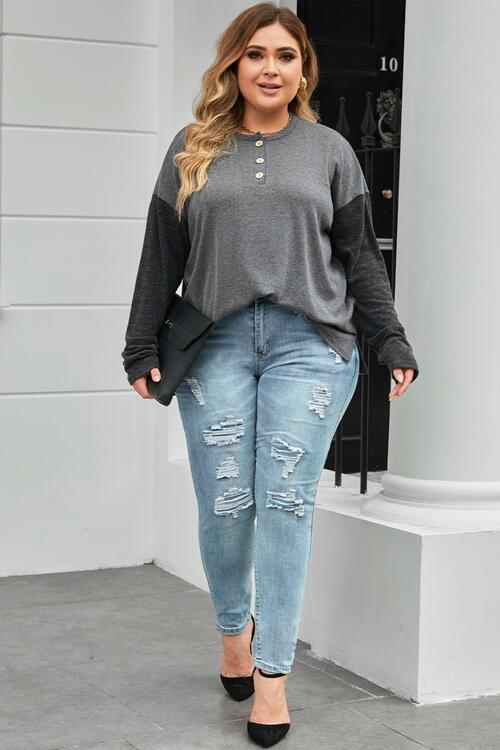 Plus Size Round Neck Long Sleeve Buttoned Blouse - Online Only
