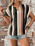 Striped Notched Neck Short Sleeve Blouse-ONLINE ONLY