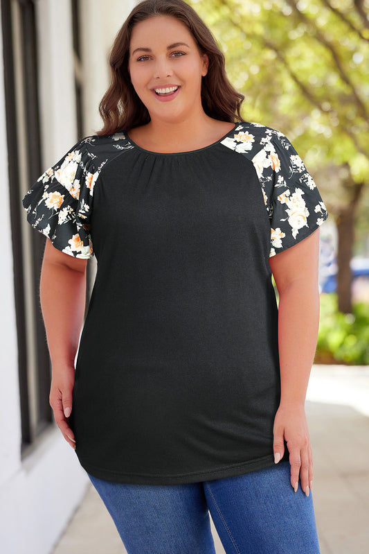 Plus Size Floral Spliced Tee Shirt-Online Only