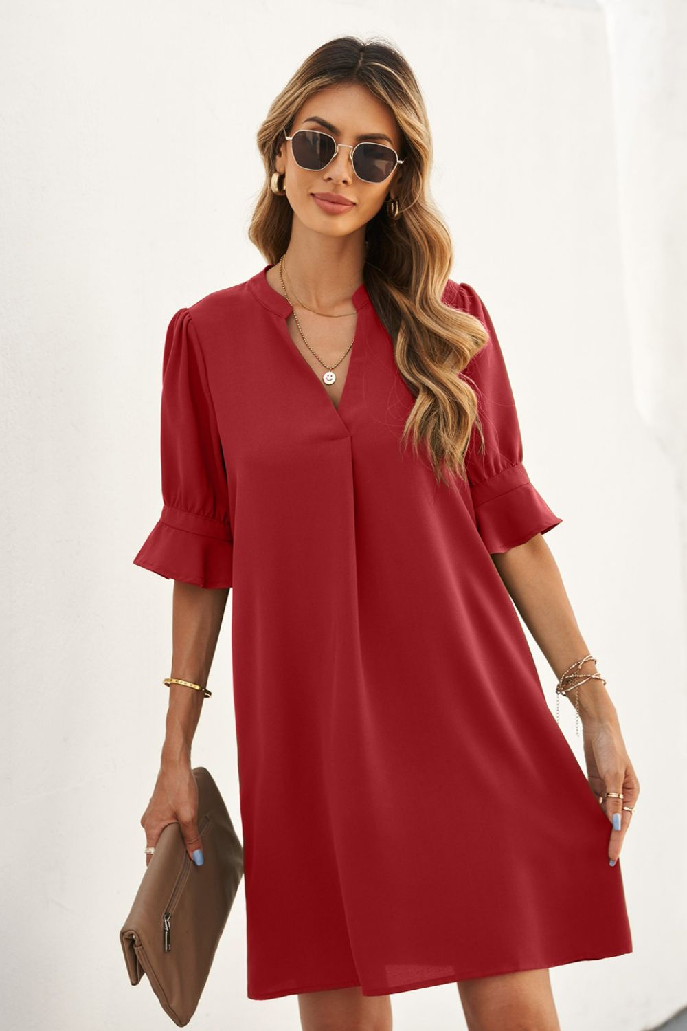 Puff Sleeve Notched Mini Shift Dress-Online Only