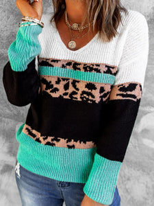 Leopard Color Block V-Neck Rib-Knit Sweater - Online Only