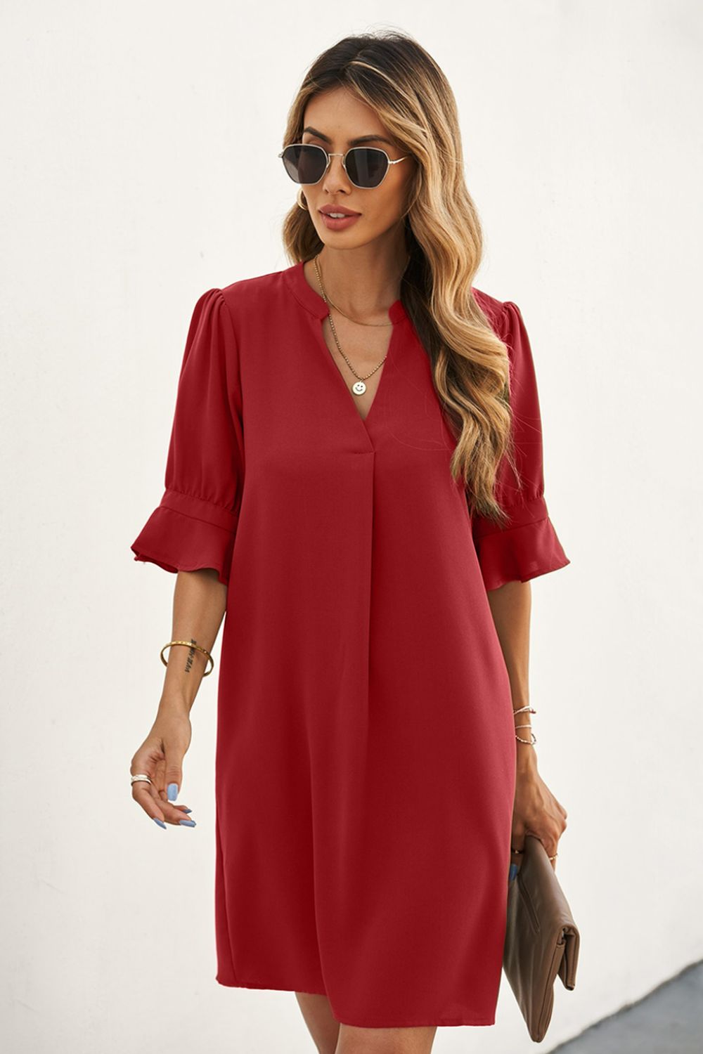 Puff Sleeve Notched Mini Shift Dress-Online Only