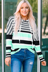 Striped Drawstring Detail Long Sleeve Hoodie-online only