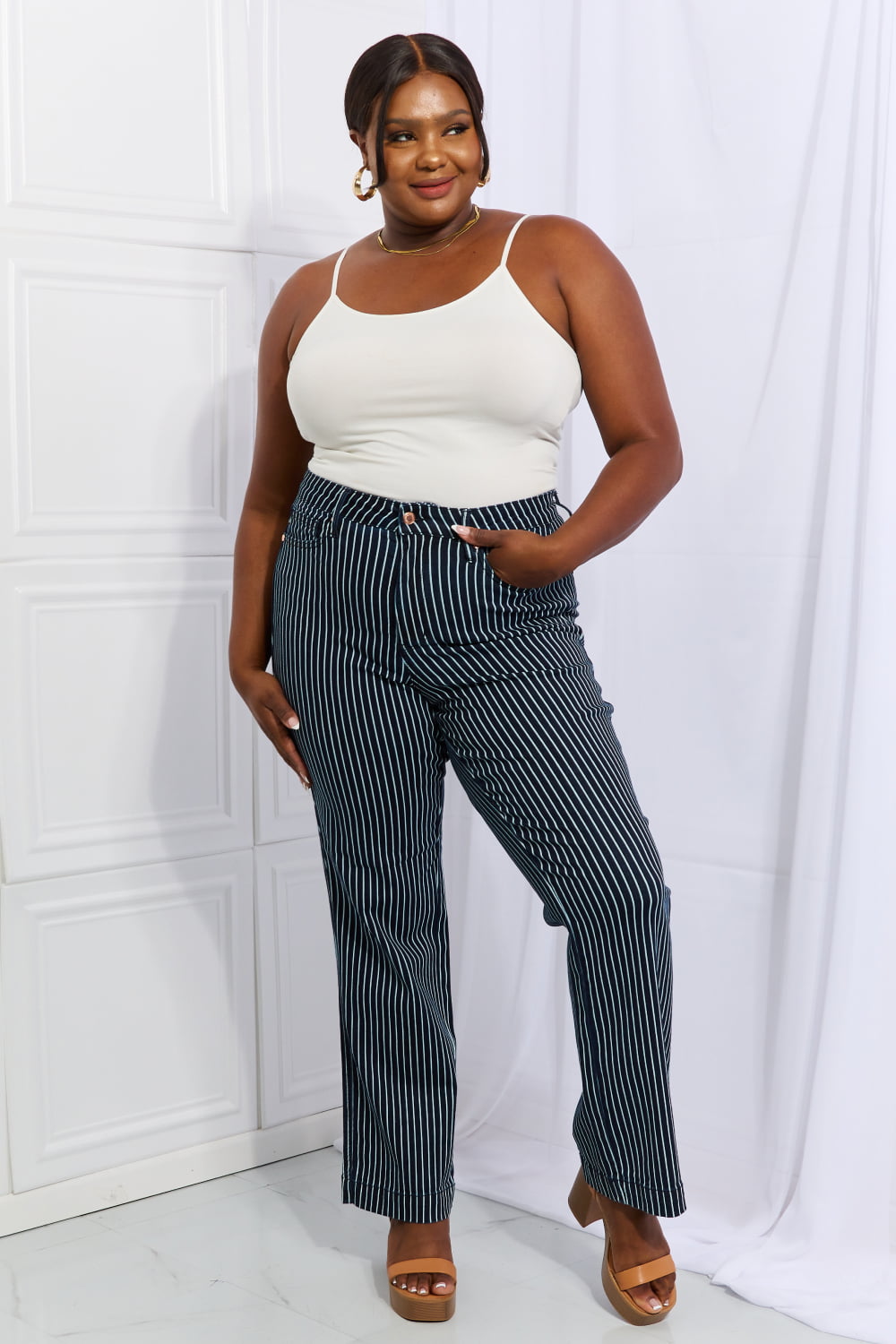 Judy Blue Cassidy Full Size High Waisted Tummy Control Striped Straight Jeans-Online Only