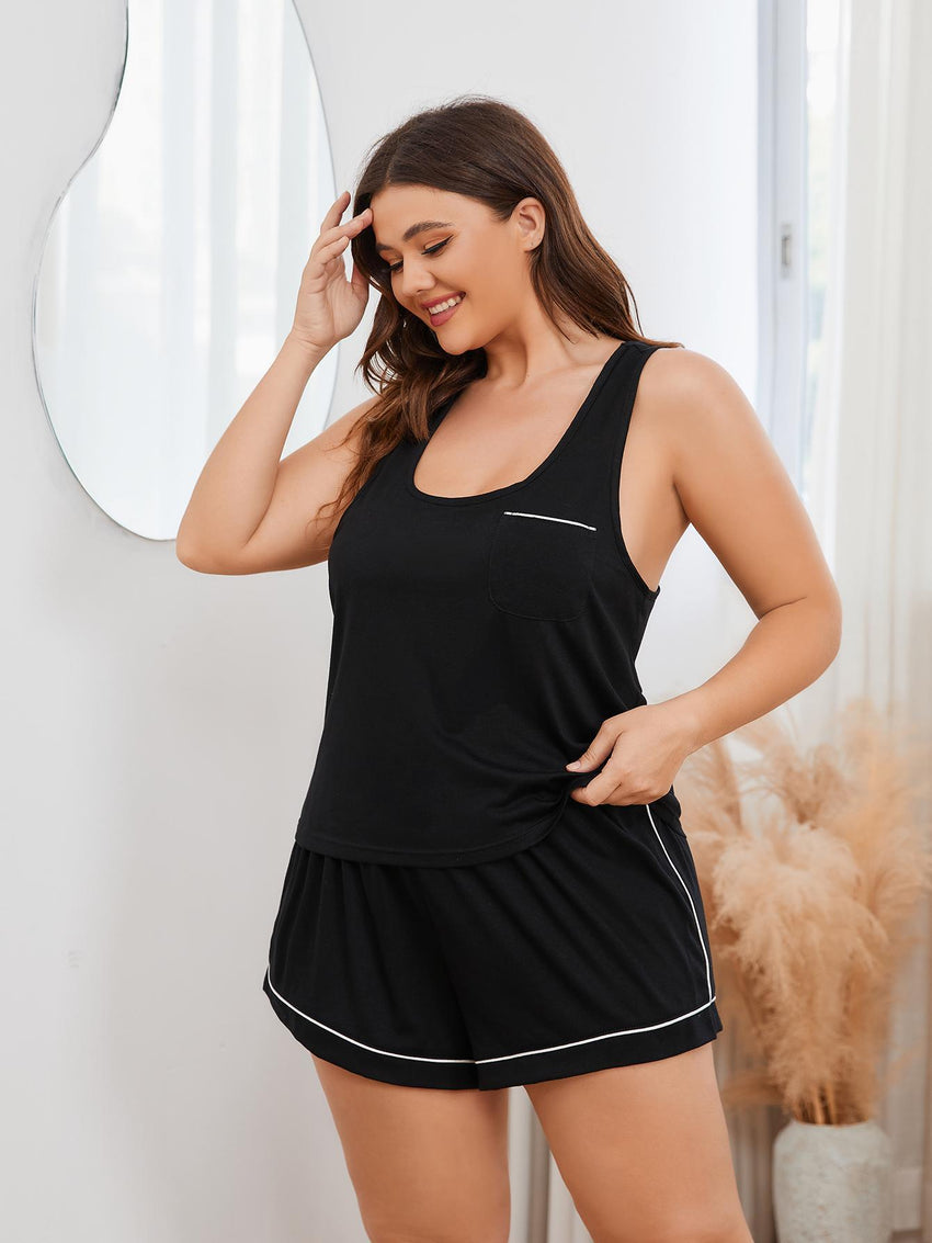 Plus Size Contrast Piping Racerback Tank and Shorts Lounge Set-Online Only