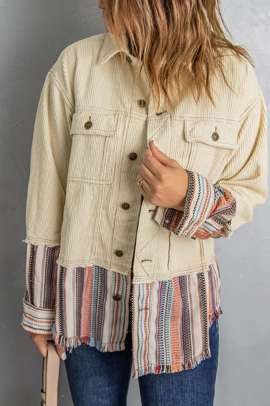 Striped Frayed Hem Corduroy Jacket-Online Only