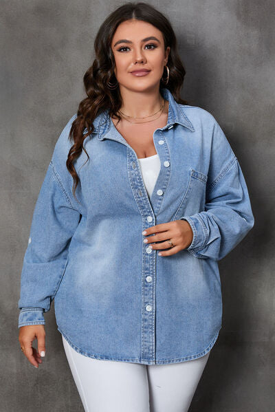 Plus Size Button Up Pocketed Denim Top-Online Only