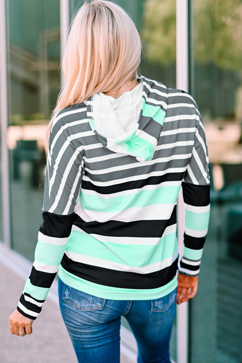 Striped Drawstring Detail Long Sleeve Hoodie-Online Only