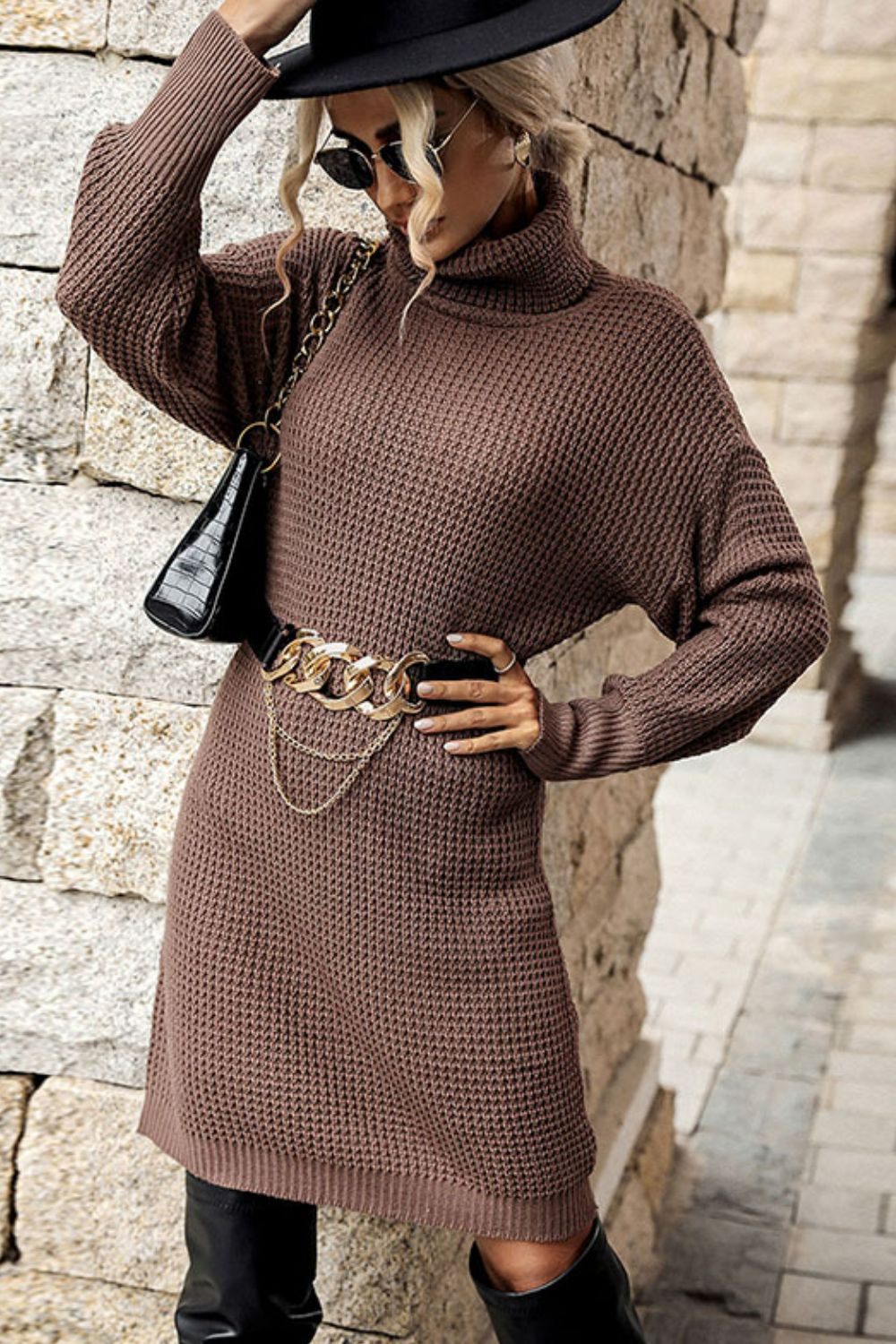 Turtleneck Dropped Shoulder Mini Sweater Dress-Online Only