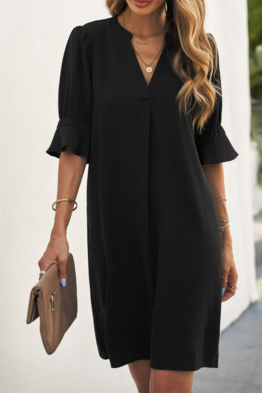 Puff Sleeve Notched Mini Shift Dress-Online Only